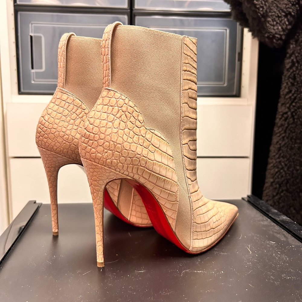 Christian Louboutin Beige Croc-Embossed Pointed Toe Stiletto Ankle Boots